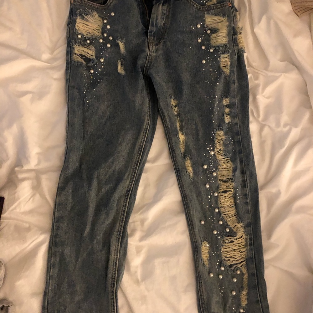 Tobi Distressed Pearl Boyfriend Jeans (worn once)